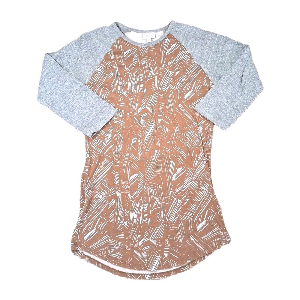 LuLaRoe Randy Shirt Womens XS Brown Gray Abstract Raglan Baseball 3/4 Sleeve Tee